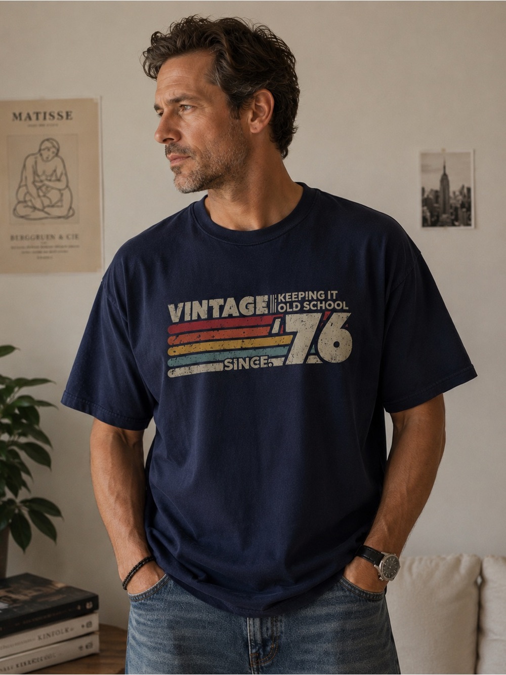 Vintage 76 Retro Graphic Tee Navy Y2K Streetwear Men’s Shirt